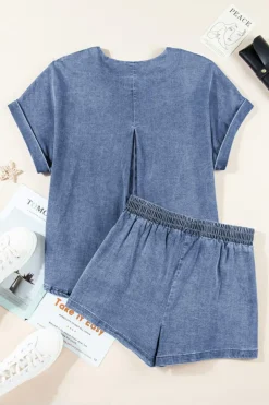 Clearance Dear-Lover Denim Cuffed Sleeve Tee Elastic Shorts Set Light Blue