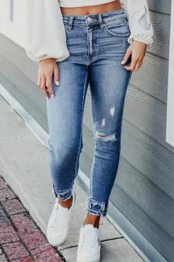 Clearance Dear-Lover Distressed Frayed Ankle Skinny Jeans Light Blue