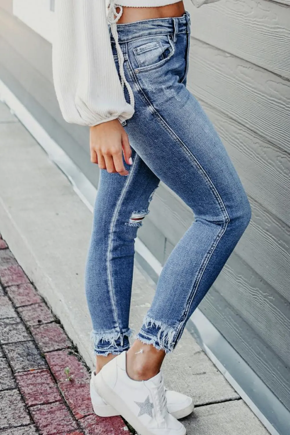 Clearance Dear-Lover Distressed Frayed Ankle Skinny Jeans Light Blue