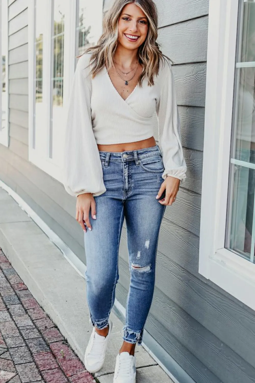 Clearance Dear-Lover Distressed Frayed Ankle Skinny Jeans Light Blue