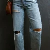Clearance Dear-Lover Distressed Ripped Raw Hem Straight Jeans Light Blue