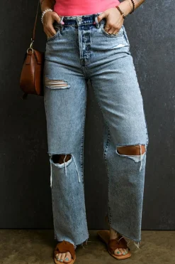 Clearance Dear-Lover Distressed Ripped Raw Hem Straight Jeans Light Blue