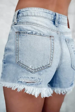 Sale Dear-Lover Distressed Ripped Raw Hem High Waist Denim Shorts Light Blue
