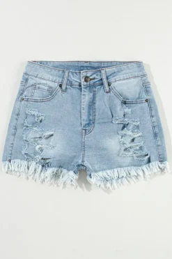 Sale Dear-Lover Distressed Ripped Raw Hem High Waist Denim Shorts Light Blue