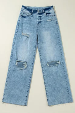 Clearance Dear-Lover Distressed Ripped Raw Hem Straight Jeans Light Blue