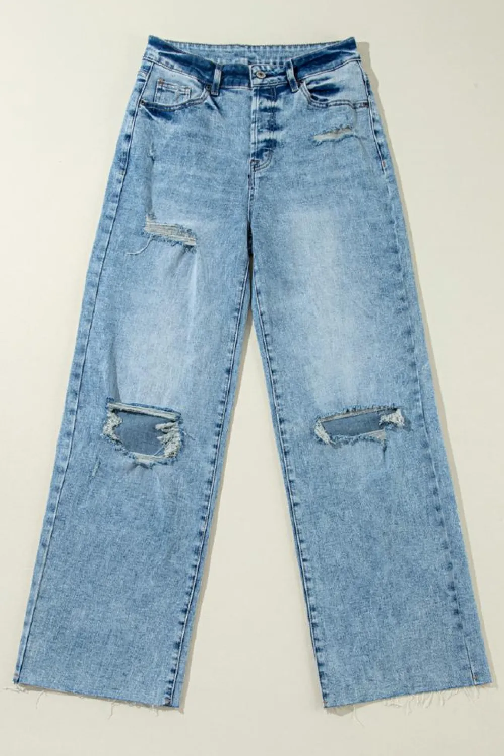 Clearance Dear-Lover Distressed Ripped Raw Hem Straight Jeans Light Blue