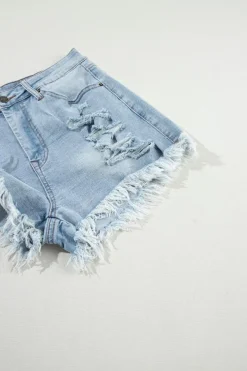 Sale Dear-Lover Distressed Ripped Raw Hem High Waist Denim Shorts Light Blue
