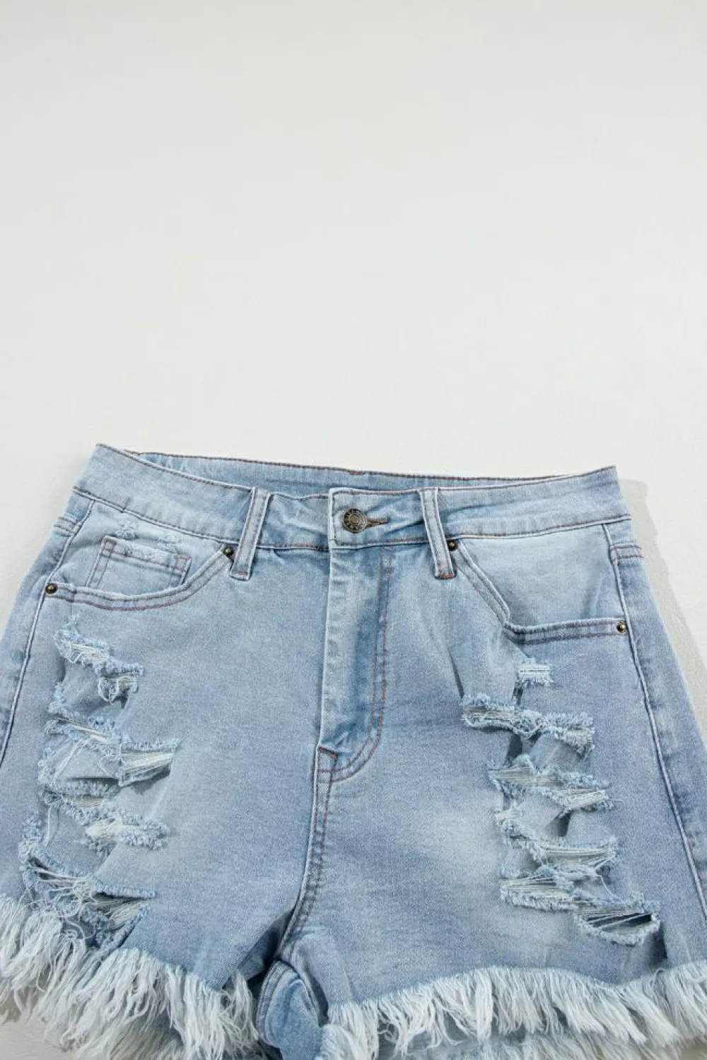 Sale Dear-Lover Distressed Ripped Raw Hem High Waist Denim Shorts Light Blue