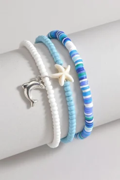 Sale Dear-Lover Dolphin Starfish Decor Beaded Three Layer Anklet Light Blue