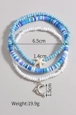 Sale Dear-Lover Dolphin Starfish Decor Beaded Three Layer Anklet Light Blue