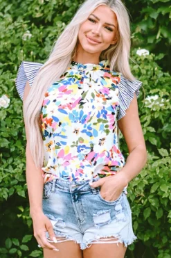 New Dear-Lover Floral Print Striped Ruffled Sleeve Blouse Light Blue