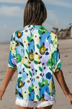 Clearance Dear-Lover Floral Print Slit V Neck Short Sleeve Blouse Light Blue
