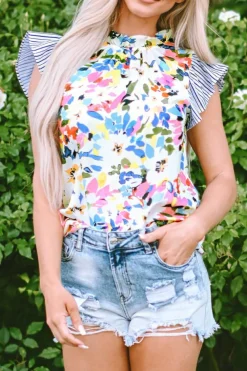 New Dear-Lover Floral Print Striped Ruffled Sleeve Blouse Light Blue