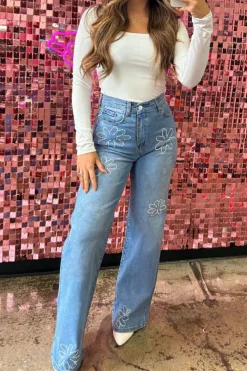 New Dear-Lover Floral Rhinestone Decor High Rise Wide Leg Jeans Light Blue
