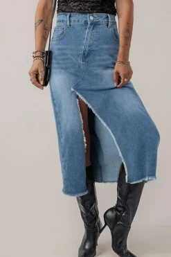 Best Dear-Lover Frayed Slit Asymmetric Denim Midi Skirt Light Blue