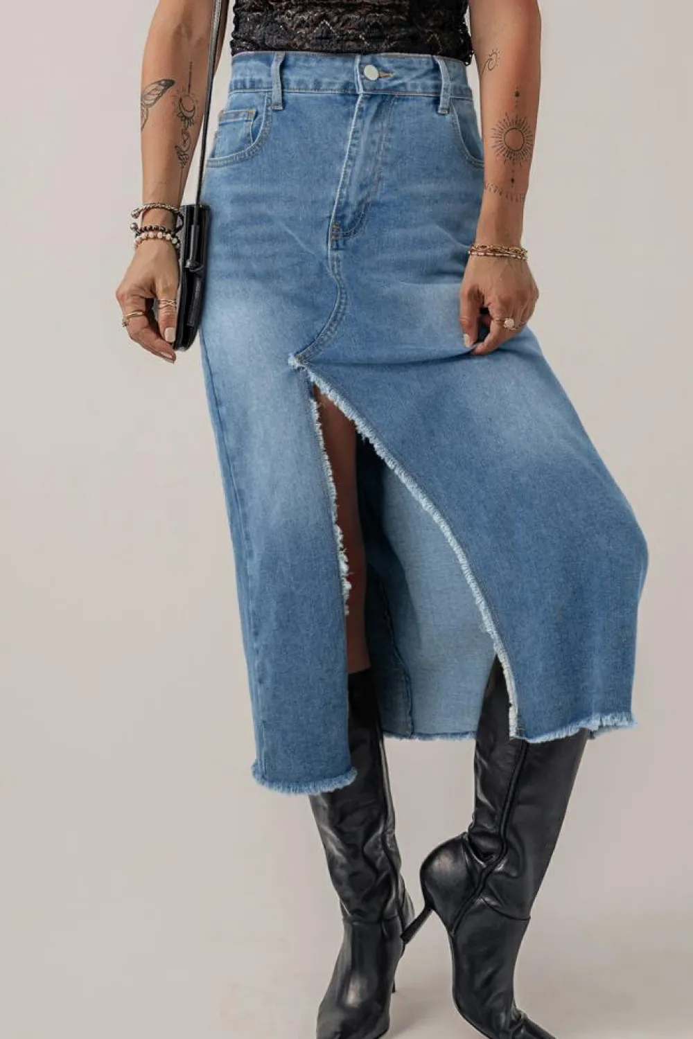 Best Dear-Lover Frayed Slit Asymmetric Denim Midi Skirt Light Blue