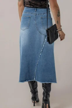 Best Dear-Lover Frayed Slit Asymmetric Denim Midi Skirt Light Blue