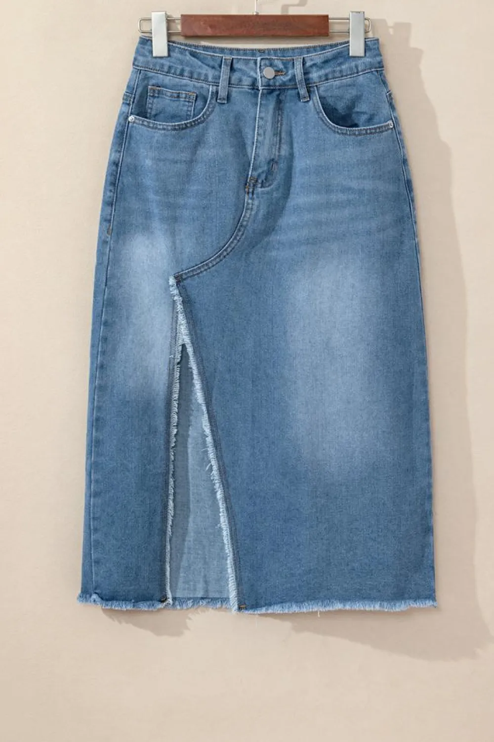 Best Dear-Lover Frayed Slit Asymmetric Denim Midi Skirt Light Blue