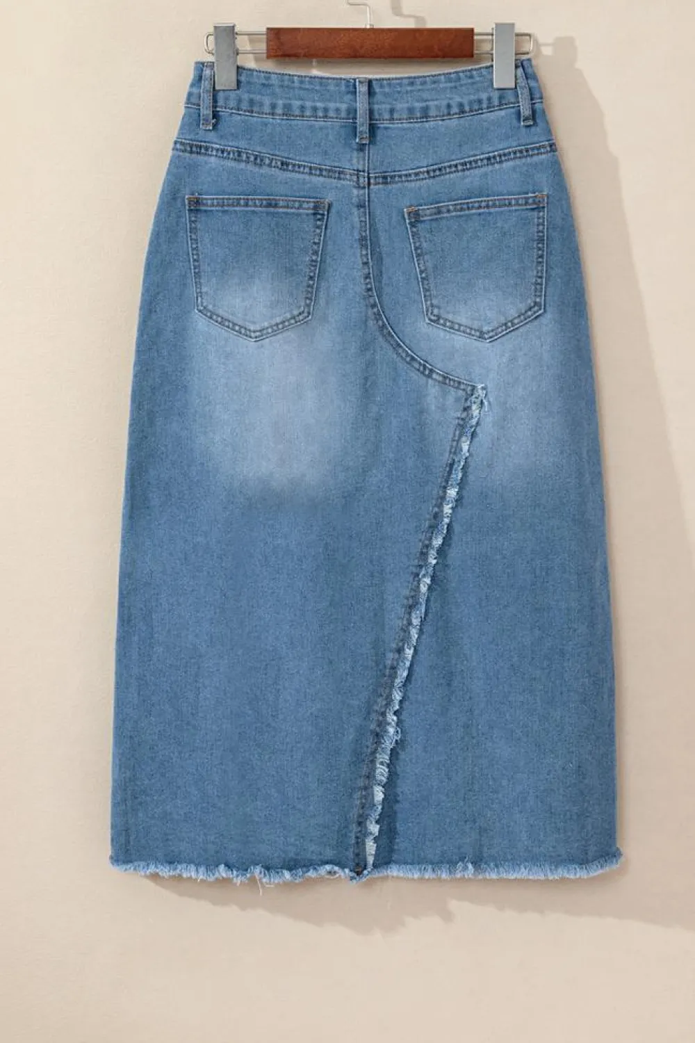 Best Dear-Lover Frayed Slit Asymmetric Denim Midi Skirt Light Blue