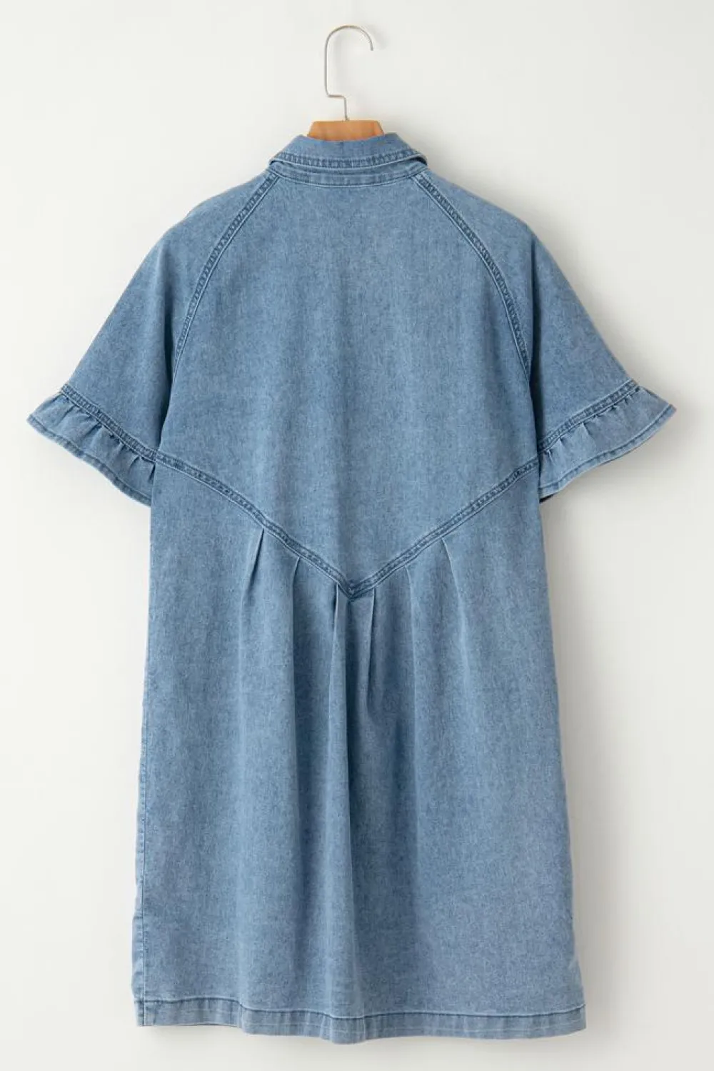 Sale Dear-Lover Frilled Short Sleeve Button Up Loose Denim Shirt Dress Light Blue