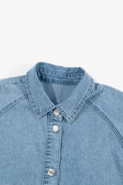 Sale Dear-Lover Frilled Short Sleeve Button Up Loose Denim Shirt Dress Light Blue
