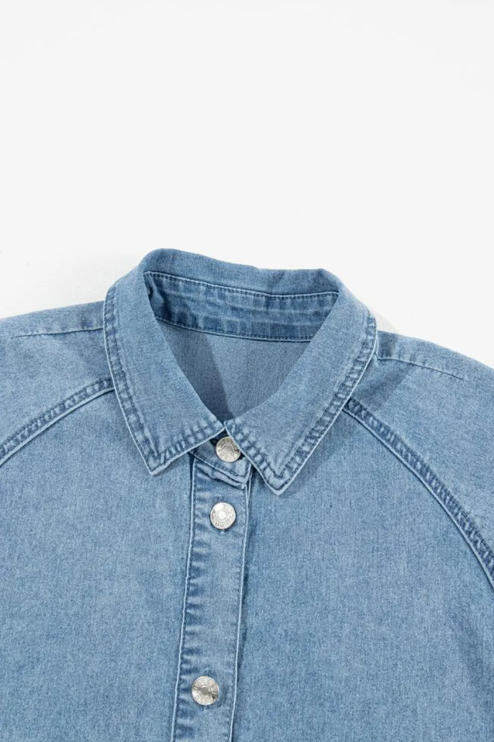Sale Dear-Lover Frilled Short Sleeve Button Up Loose Denim Shirt Dress Light Blue