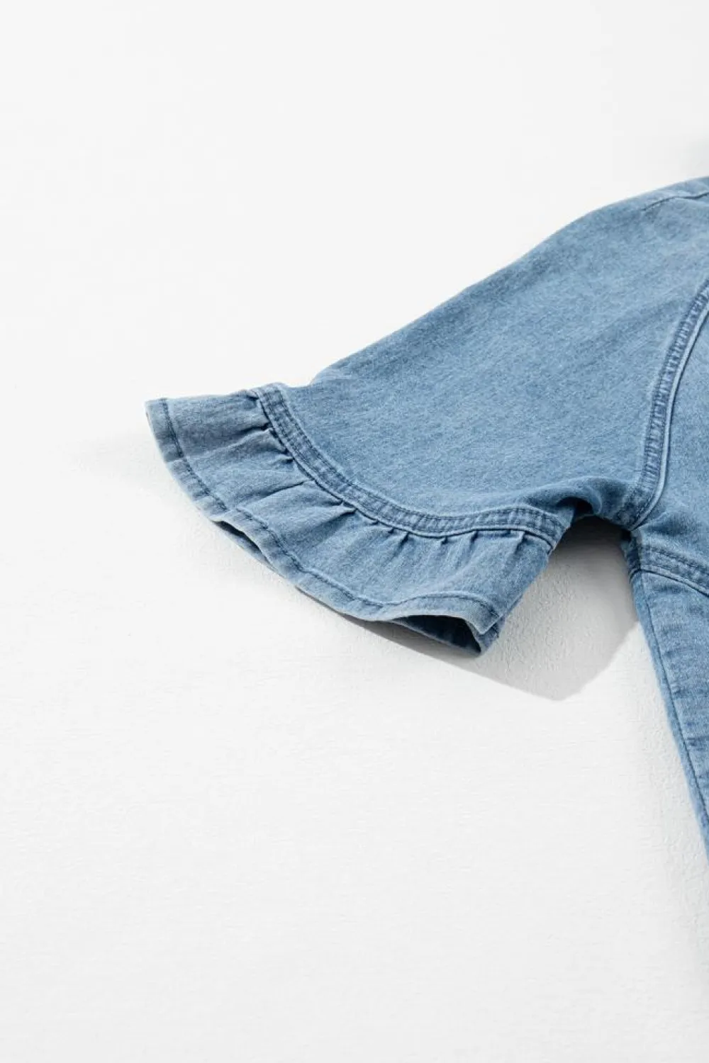 Sale Dear-Lover Frilled Short Sleeve Button Up Loose Denim Shirt Dress Light Blue