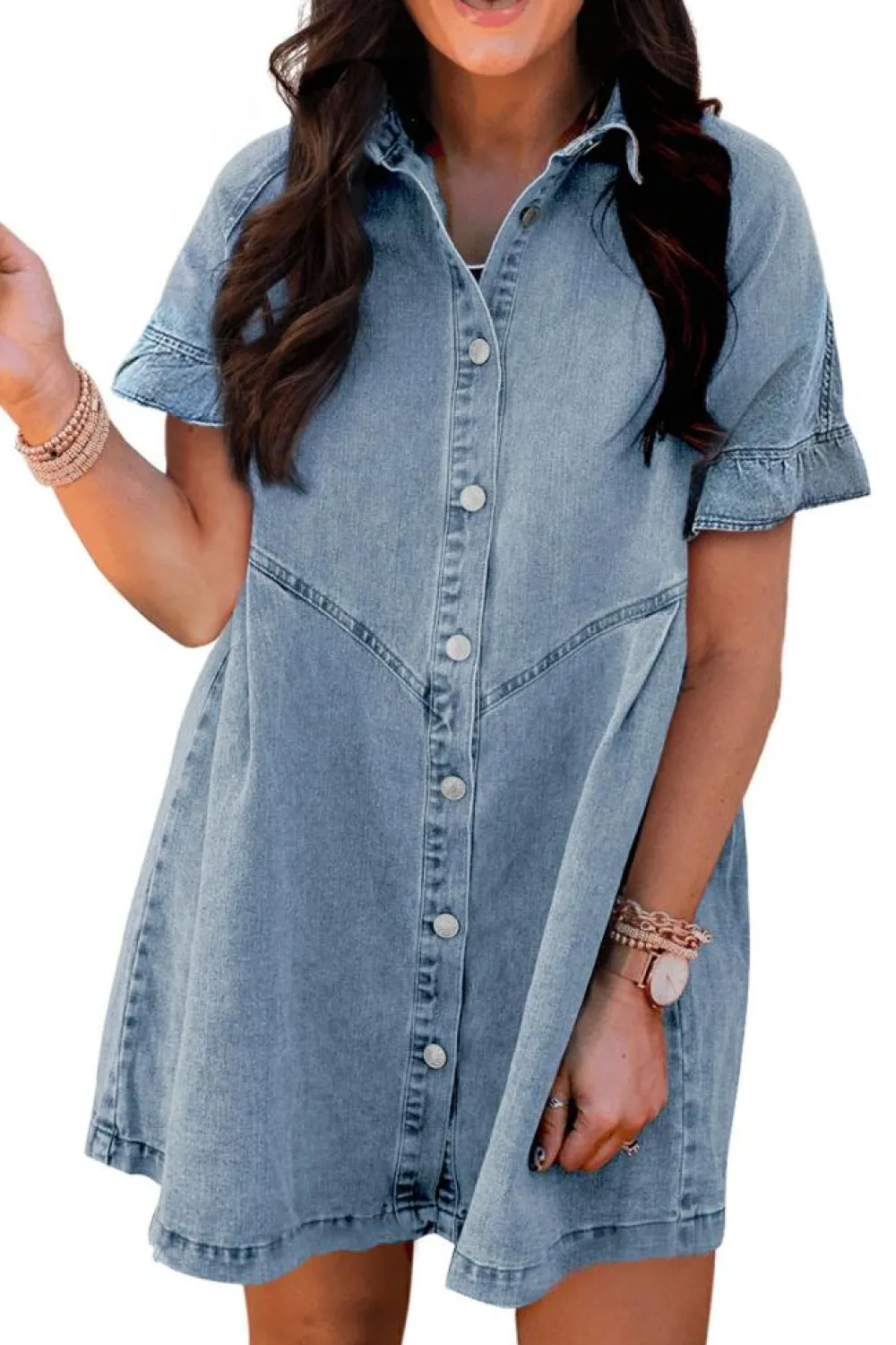 Sale Dear-Lover Frilled Short Sleeve Button Up Loose Denim Shirt Dress Light Blue