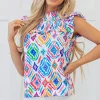 Best Dear-Lover Geometric Printed Flutter Sleeve Mock Neck Shirred Blouse Light Blue