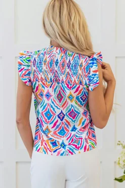 Best Dear-Lover Geometric Printed Flutter Sleeve Mock Neck Shirred Blouse Light Blue
