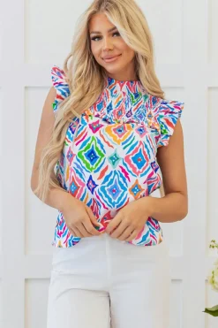 Best Dear-Lover Geometric Printed Flutter Sleeve Mock Neck Shirred Blouse Light Blue