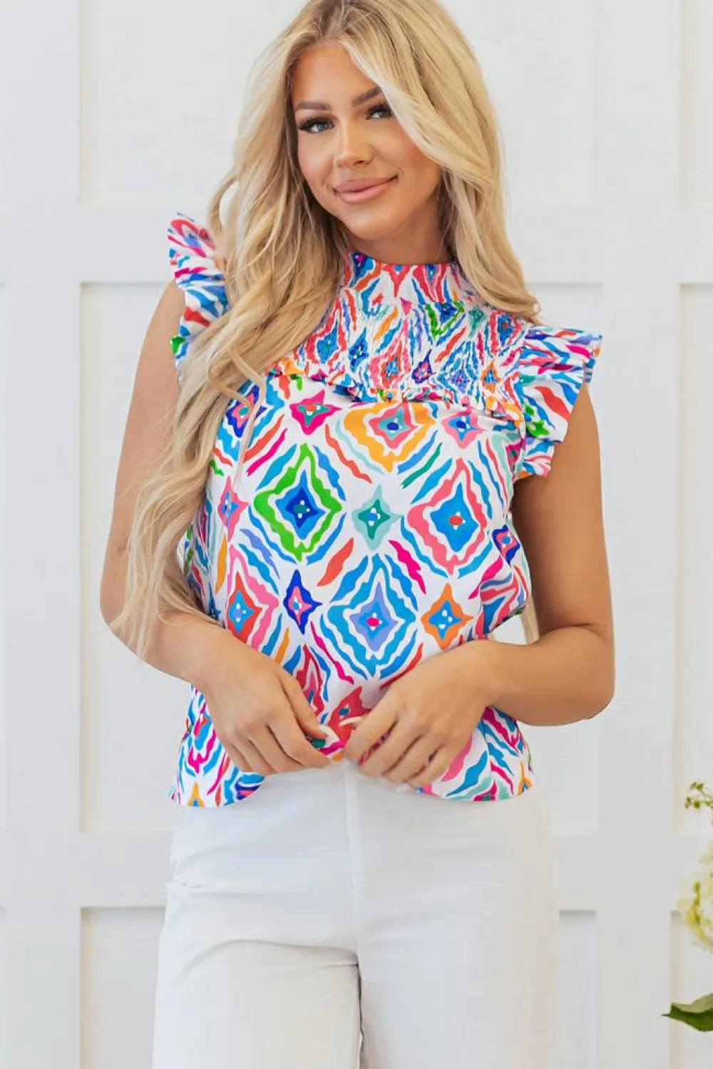 Best Dear-Lover Geometric Printed Flutter Sleeve Mock Neck Shirred Blouse Light Blue