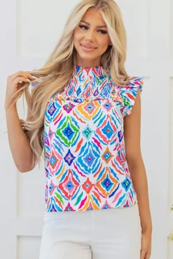 Best Dear-Lover Geometric Printed Flutter Sleeve Mock Neck Shirred Blouse Light Blue
