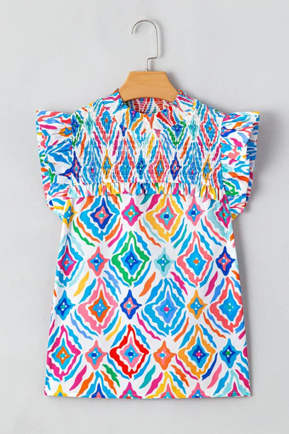 Best Dear-Lover Geometric Printed Flutter Sleeve Mock Neck Shirred Blouse Light Blue