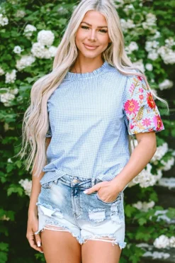 Online Dear-Lover Gingham Floral Embroidered Puff Sleeve Blouse Light Blue