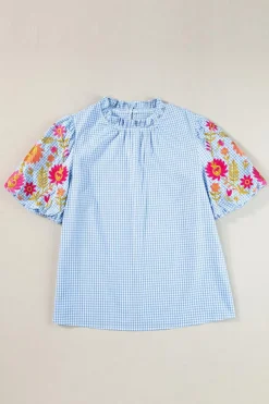 Online Dear-Lover Gingham Floral Embroidered Puff Sleeve Blouse Light Blue