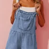 Online Dear-Lover Grommet Tie Straps Casual Denim Romper Light Blue