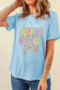 Sale Dear-Lover happy easter Bowknot Printed Crewneck T Shirt Light Blue