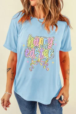 Sale Dear-Lover happy easter Bowknot Printed Crewneck T Shirt Light Blue