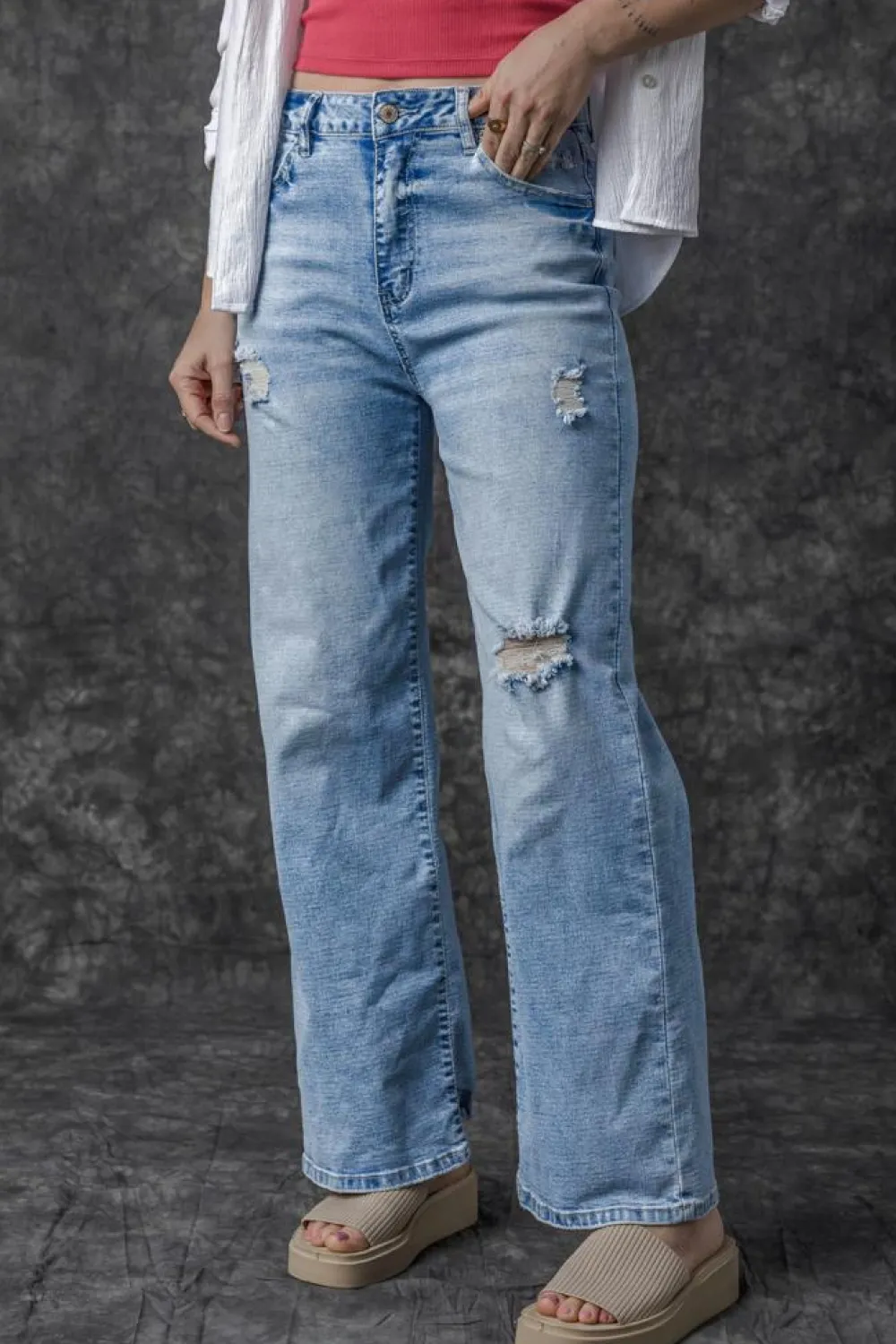 Best Dear-Lover High Rise Distressed Straight Leg Jeans Light Blue