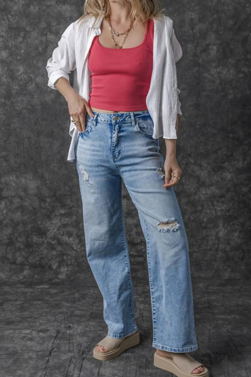 Best Dear-Lover High Rise Distressed Straight Leg Jeans Light Blue