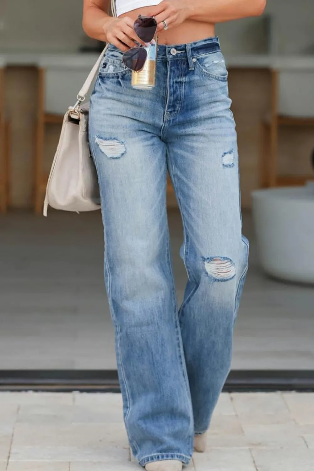 Best Dear-Lover High Rise Distressed Straight Leg Jeans Light Blue