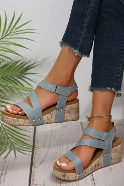 Sale Dear-Lover Hollow Out Velcro Leather Wedge Sandals Light Blue