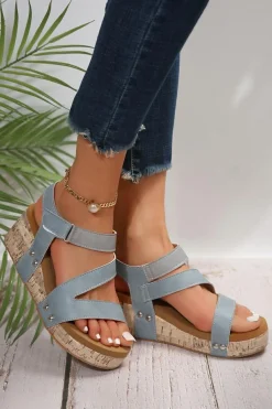 Sale Dear-Lover Hollow Out Velcro Leather Wedge Sandals Light Blue