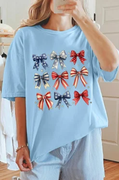 Sale Dear-Lover Independence Day Bowknot Graphic Tee Light Blue