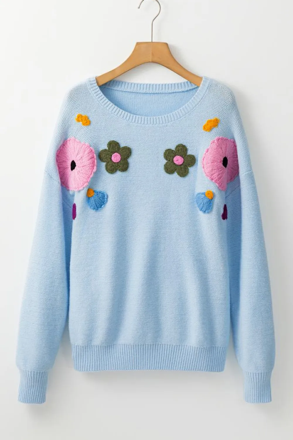 Outlet Dear-Lover Knitted Flower Pattern Ribbed Edge Sweater Light Blue
