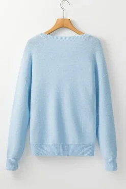 Outlet Dear-Lover Knitted Flower Pattern Ribbed Edge Sweater Light Blue