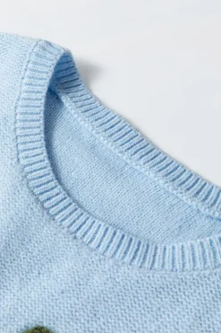Outlet Dear-Lover Knitted Flower Pattern Ribbed Edge Sweater Light Blue