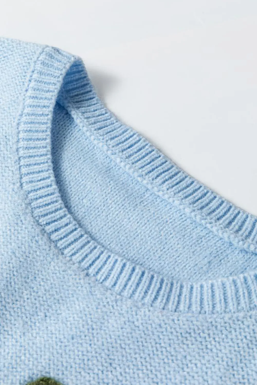 Outlet Dear-Lover Knitted Flower Pattern Ribbed Edge Sweater Light Blue