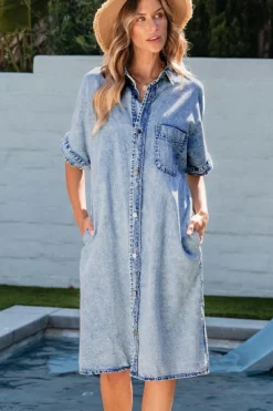 Outlet Dear-Lover Loose Medium Wash Short Sleeve Shirt Chambray Dress Light Blue